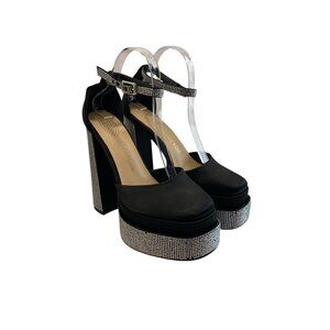 Azalea Wang Sugar Spice Chunky Platform Heels Women 7 Black Studded Satin Bridal